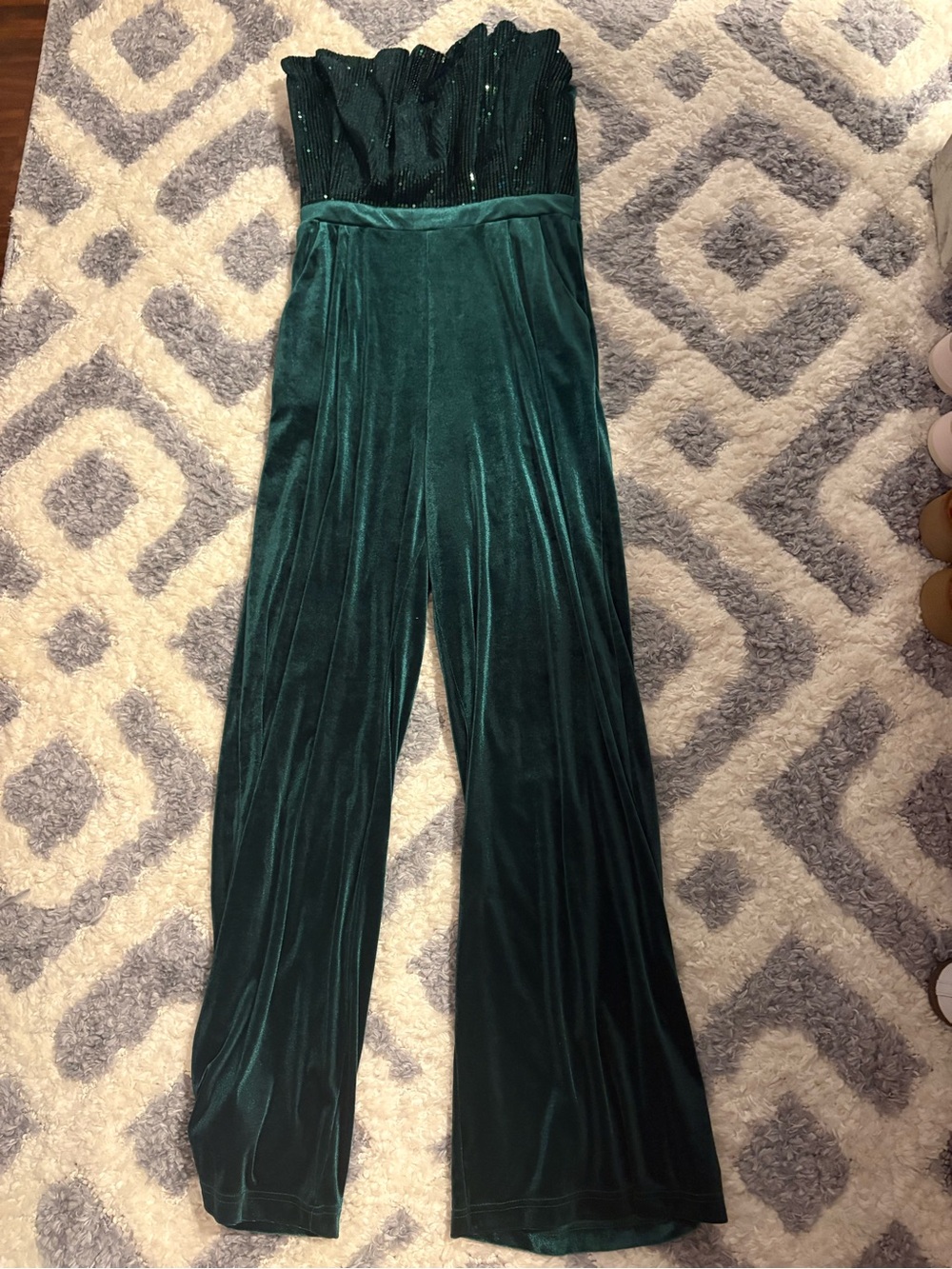 Velvet Strapless Jumpsuit in Deep Green